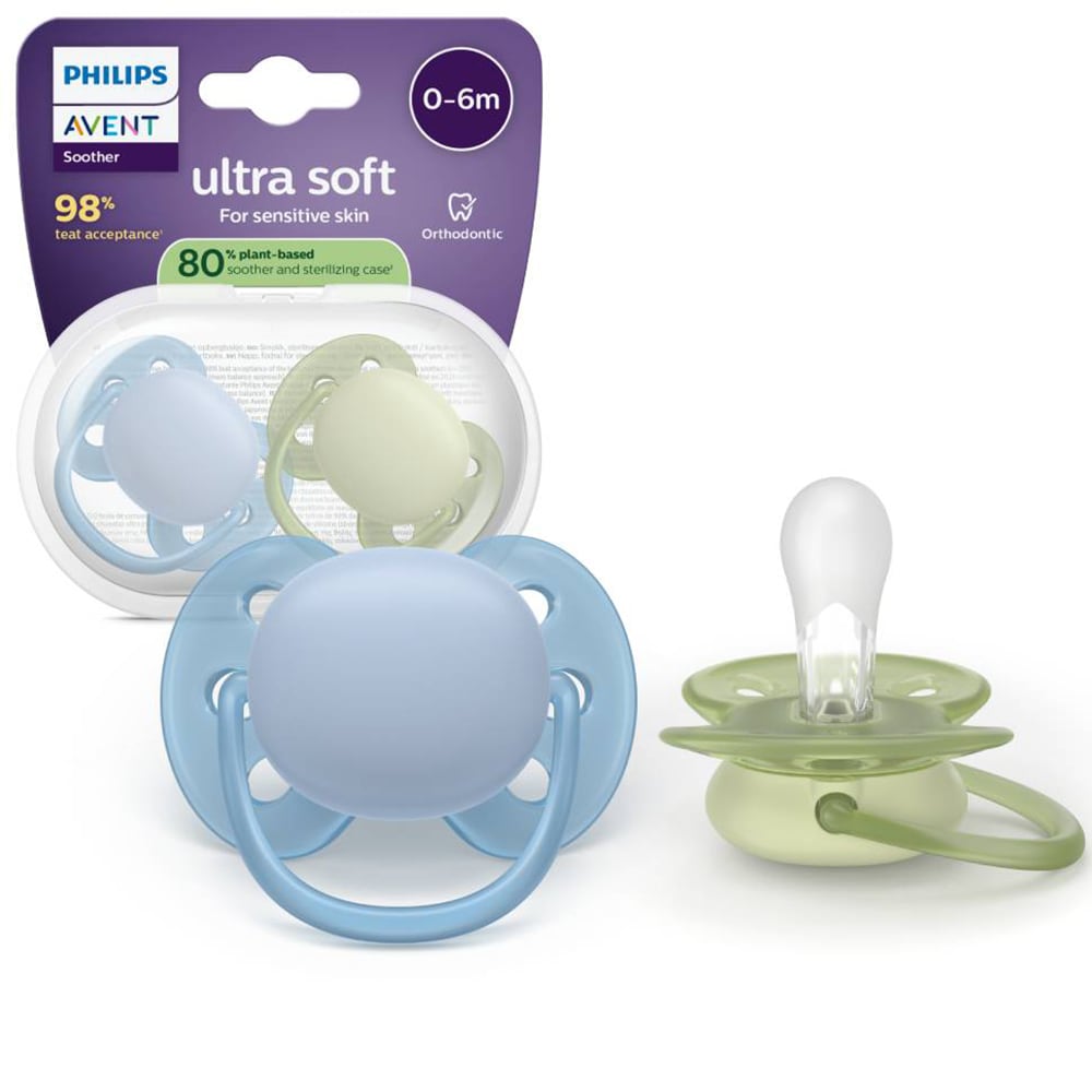 Suzeta PHILIPS AVENT Ultra Soft SCF091/37, 0-6 luni, 2 buc, albastru-verde