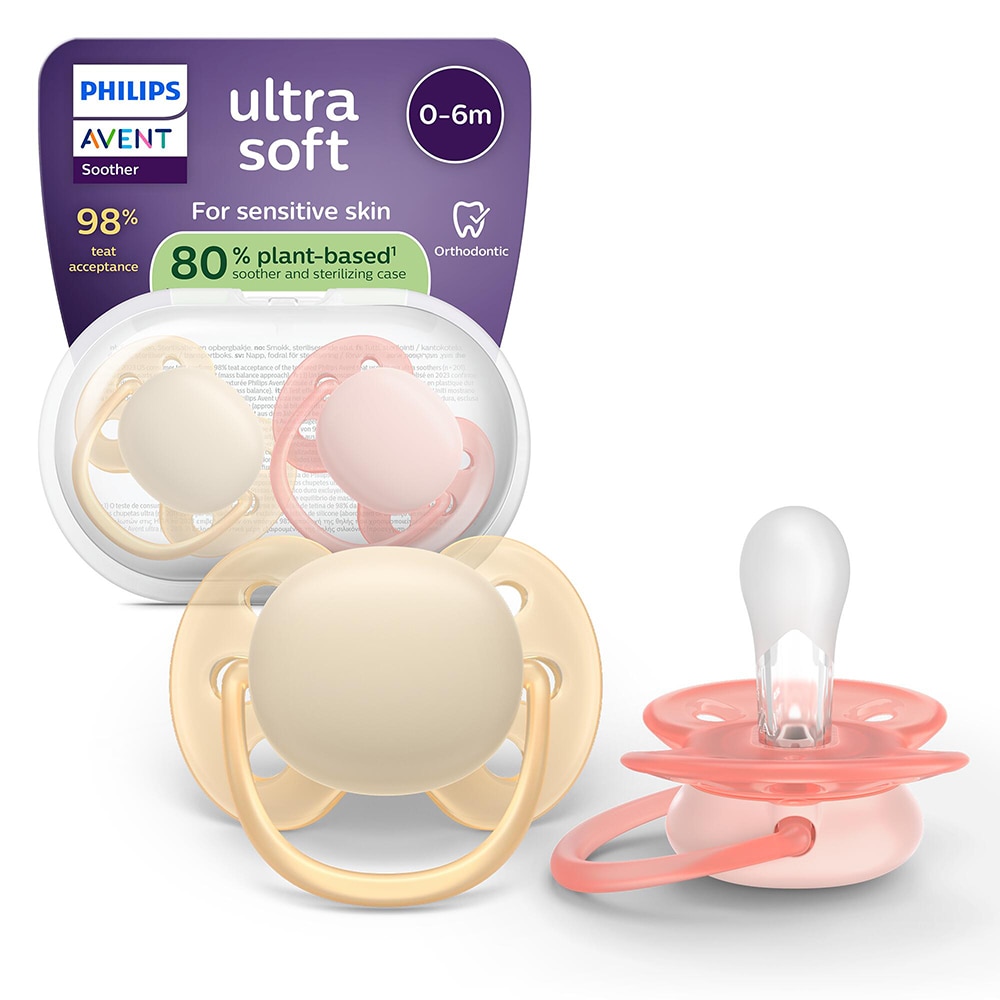 Suzeta PHILIPS AVENT Pacifier Ultra Soft SCF091/38, 0-6 luni, 2 buc, roz-portocaliu