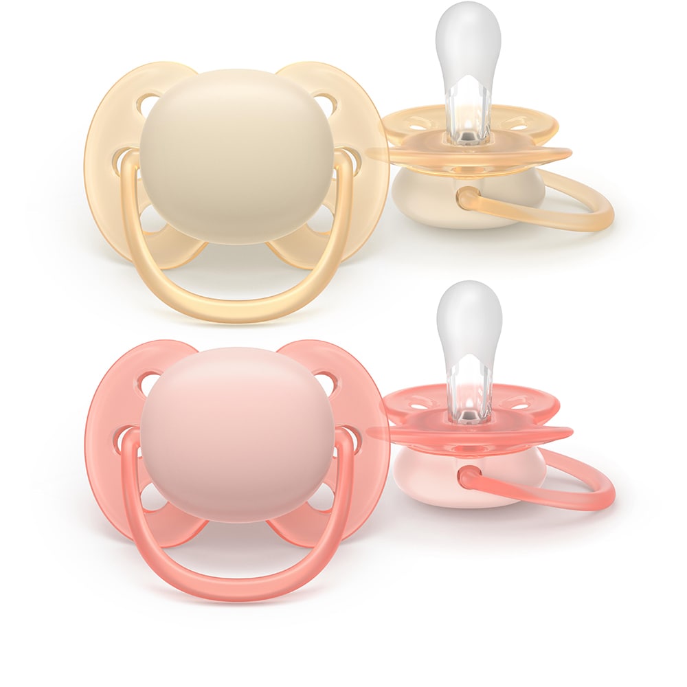 Suzeta PHILIPS AVENT Pacifier Ultra Soft SCF091/38, 0-6 luni, 2 buc, roz-portocaliu