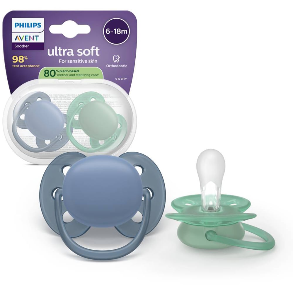 Suzeta PHILIPS AVENT Pacifier Ultra Soft SCF09142, 6-18 luni, 2 buc, kaki-bleumarin