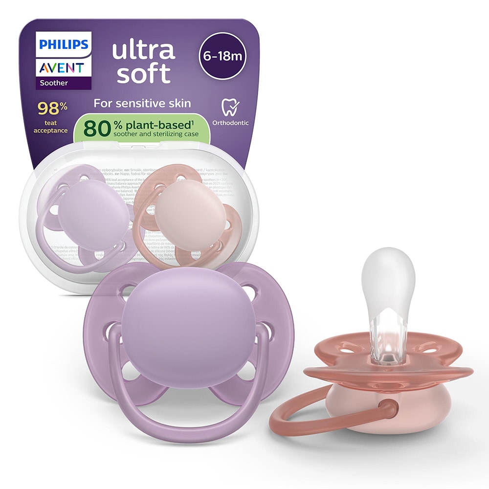 Suzeta PHILIPS AVENT Pacifier Ultra Soft SCF091/43, 6-18 luni, 2 buc, mov-roz