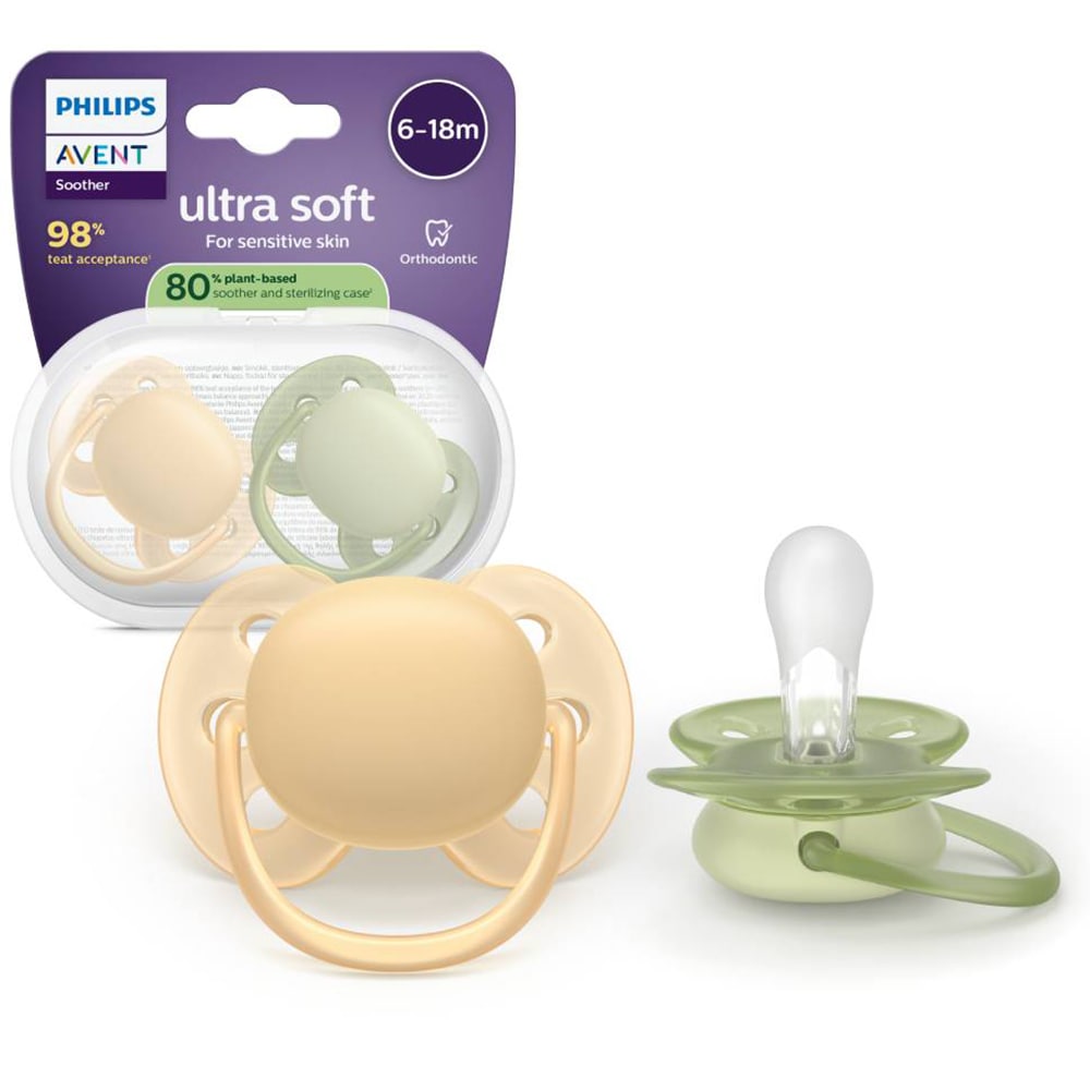 Suzeta PHILIPS AVENT Pacifier Ultra Soft SCF091/45 6-18 luni, 2 buc, verde-portocaliu