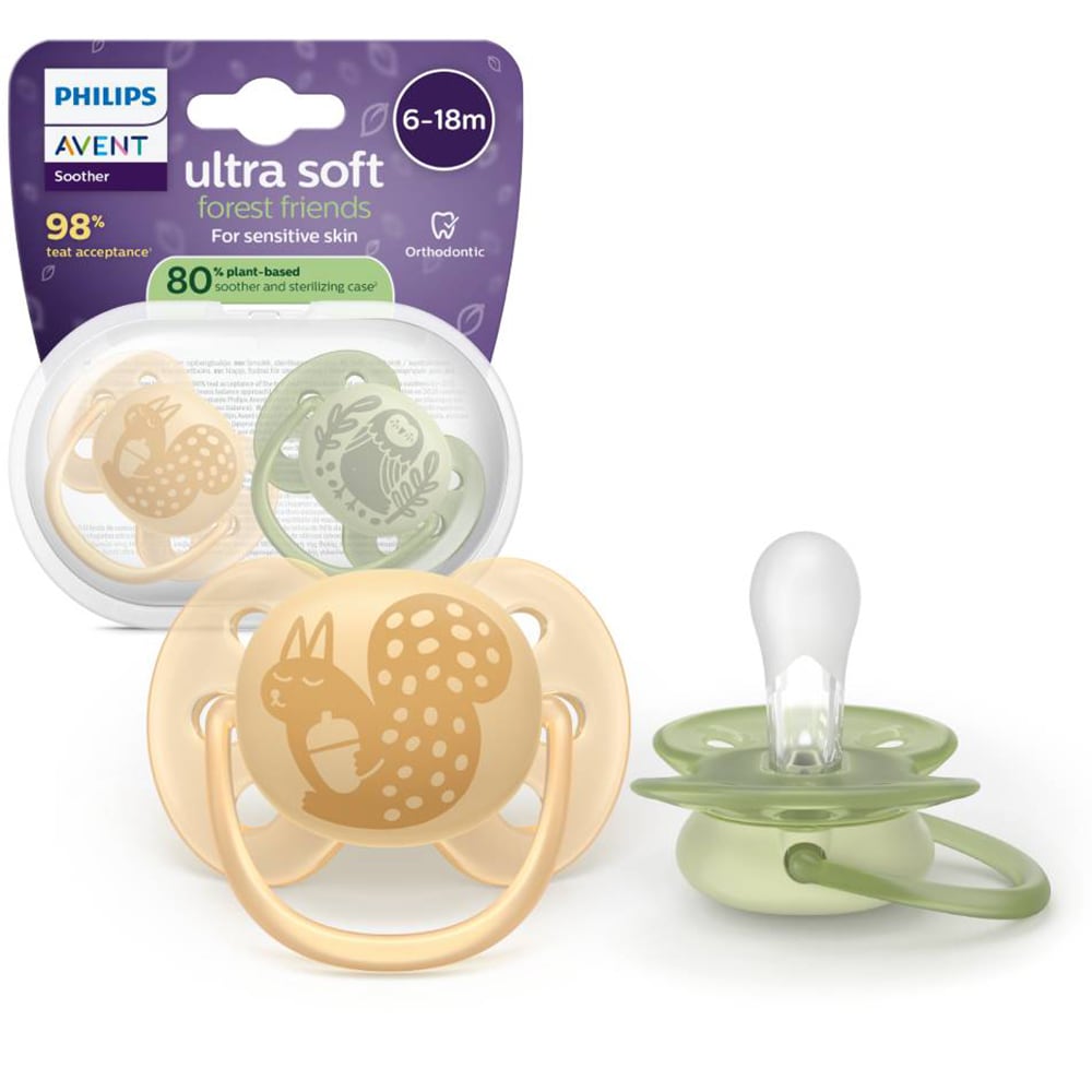 Suzeta PHILIPS AVENT Pacifier Ultra Soft SCF091/46, 6-18 luni, 2 buc, verde-portocaliu