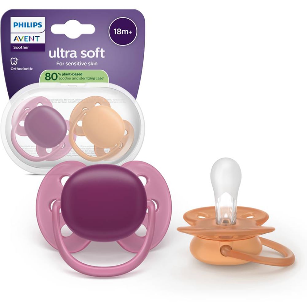 Suzeta PHILIPS AVENT Pacifier Ultra Soft SCF093/03, 18 luni+, 2 buc, mov-portocaliu