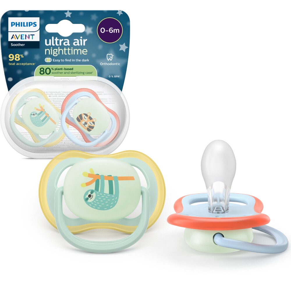 Suzeta PHILIPS AVENT Pacifier Ultra Air pentru noapte SCF376/24, 0 luni+, 2 buc, multicolor