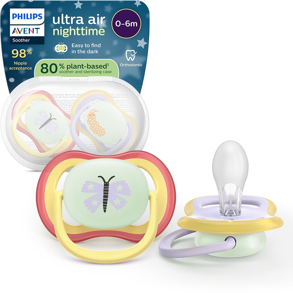Suzeta PHILIPS AVENT Pacifier Ultra Air pentru noapte SCF376/25, 0 luni+, 2 buc, multicolor