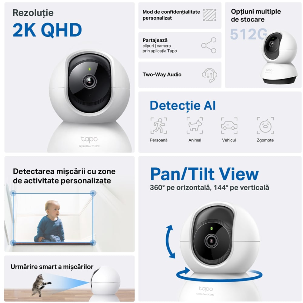 Camera IP Wireless interior TP-LINK Tapo C220, 4MP, 2K 1440p, IR, Night Vision, Alb