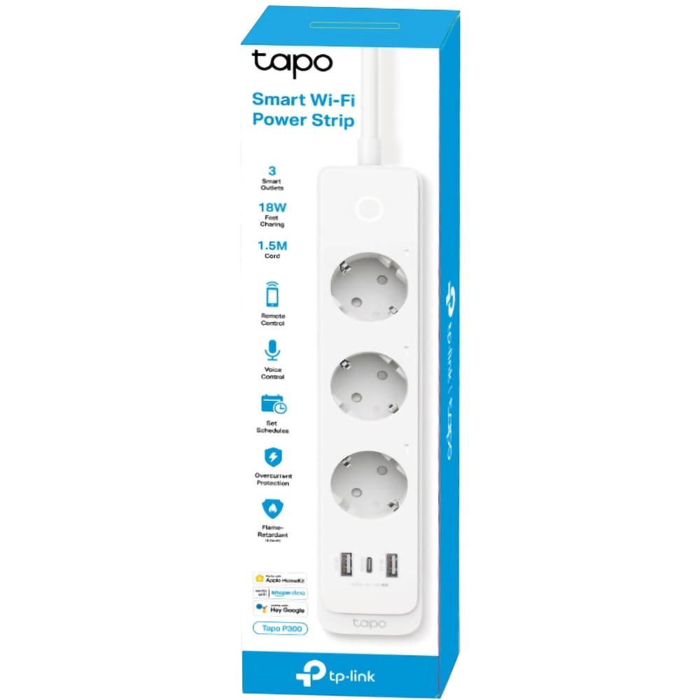 Prelungitor smart cu protectie TP-LINK Tapo P300, 3 prize, 2 x USB-A, 1 x USB-C, alb
