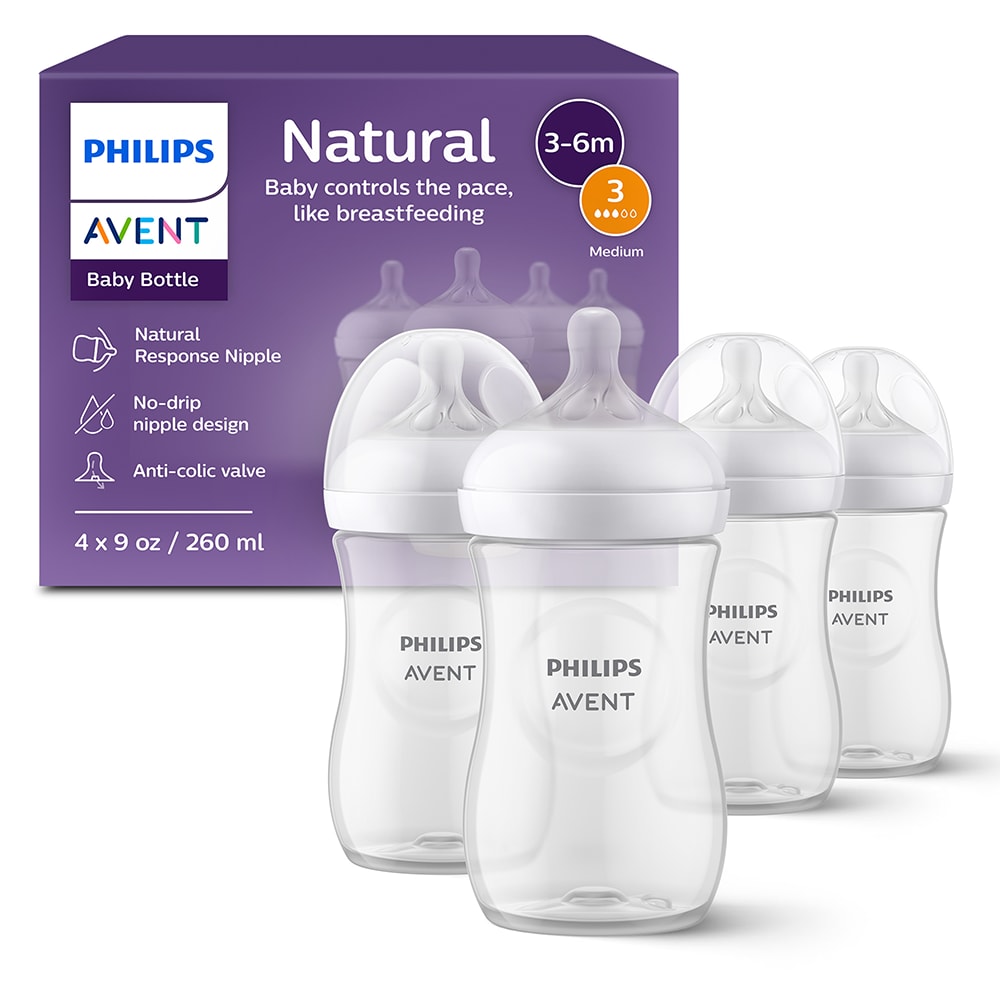 Set 4 biberoane PHILIPS AVENT Natural Response SCY903/04, flux mediu, 3 luni+, 260ml, alb-transparent