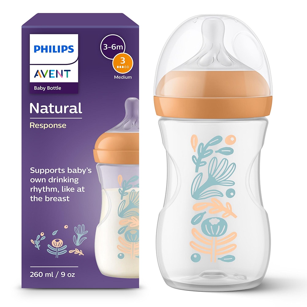 Biberon anticolici PHILIPS AVENT Natural Response SCY903/74, flux mediu, 3 luni+, 260ml, portocaliu-transparent