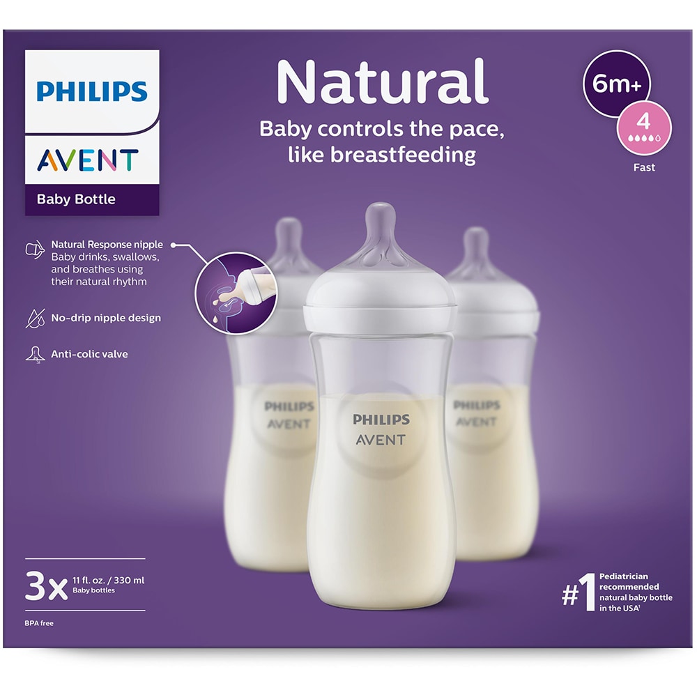 Set 3 biberoane PHILIPS AVENT Natural Response SCY906/03, flux rapid, 6 luni+, 330ml, alb-transparent