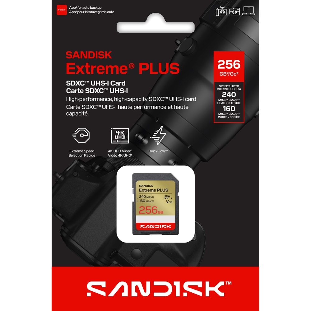 Card de memorie SANDISK Extreme Plus SD, SDXC, 256GB, 160MB/s, clasa 10