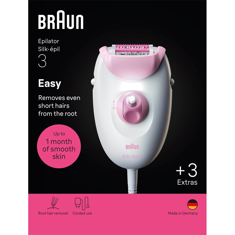 Epilator BRAUN Silk-epil 3 3033, 20 pensete, 2 viteze, alb-roz