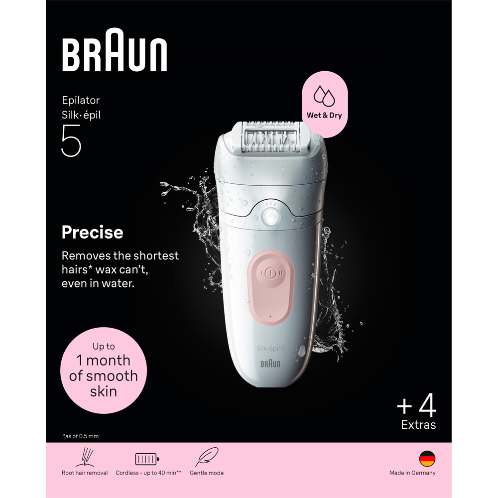 Epilator BRAUN Silk-epil 5 SE5-041, 28 pensete, 2 viteze, 4 accesorii, Wet&Dry, acumulator, alb