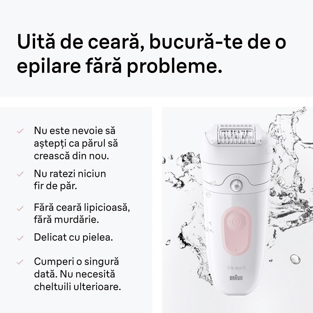 Epilator BRAUN Silk-epil 5 SE5-041, 28 pensete, 2 viteze, 4 accesorii, Wet&Dry, acumulator, alb