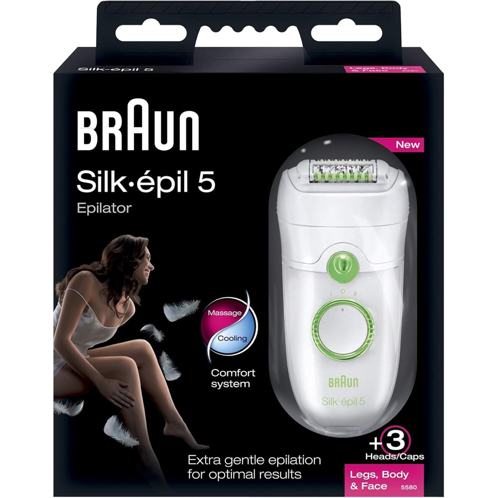 Epilator BRAUN Silk-epil 5 SE5580, 40 pensete, 2 viteze, 2 accesorii, retea, alb-verde