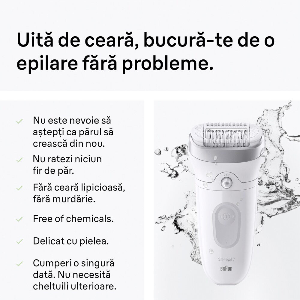 Epilator BRAUN Silk-epil SE7-241, 40 pensete, 2 viteze, 5 accesorii, acumulator, alb