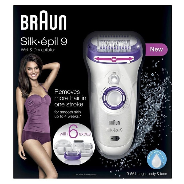 Epilator BRAUN Silk-epil 9 SE9561, 40 pensete, 2 viteze, 6 accesorii, acumulator, alb-mov