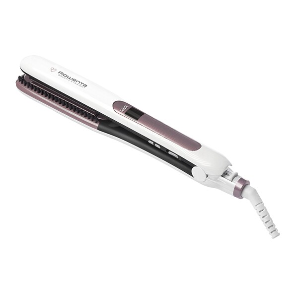 Placa de indreptat parul ROWENTA Premium Care Brush & Straight SF7510F0, LCD, invelis keratina, alb-roz