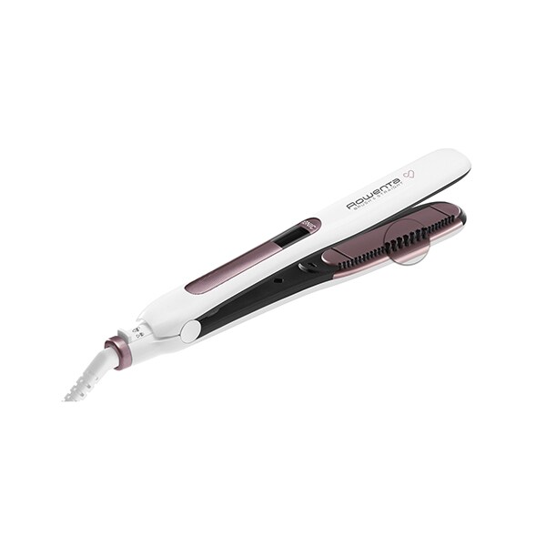 Placa de indreptat parul ROWENTA Premium Care Brush & Straight SF7510F0, LCD, invelis keratina, alb-roz