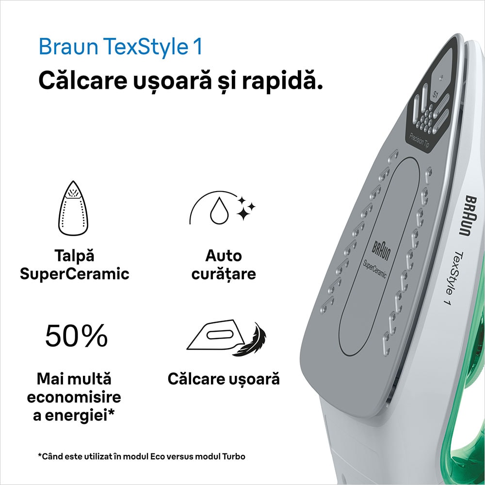 Fier de calcat BRAUN TexStyle 1 SI1040GR, 2000W, 120g/min, 220ml, talpa SuperCeramic, verde-alb
