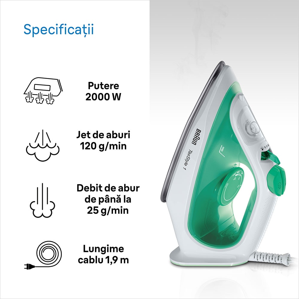 Fier de calcat BRAUN TexStyle 1 SI1040GR, 2000W, 120g/min, 220ml, talpa SuperCeramic, verde-alb