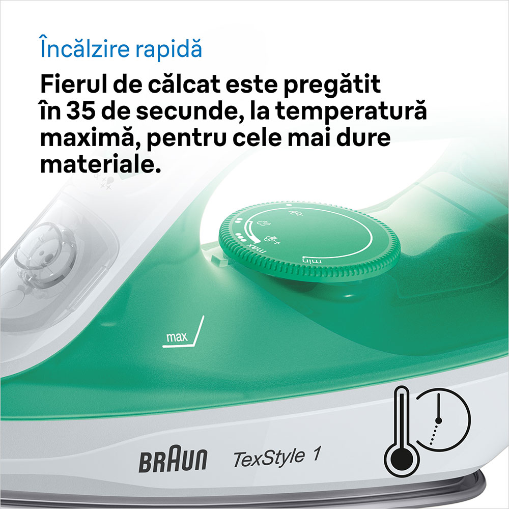 Fier de calcat BRAUN TexStyle 1 SI1040GR, 2000W, 120g/min, 220ml, talpa SuperCeramic, verde-alb