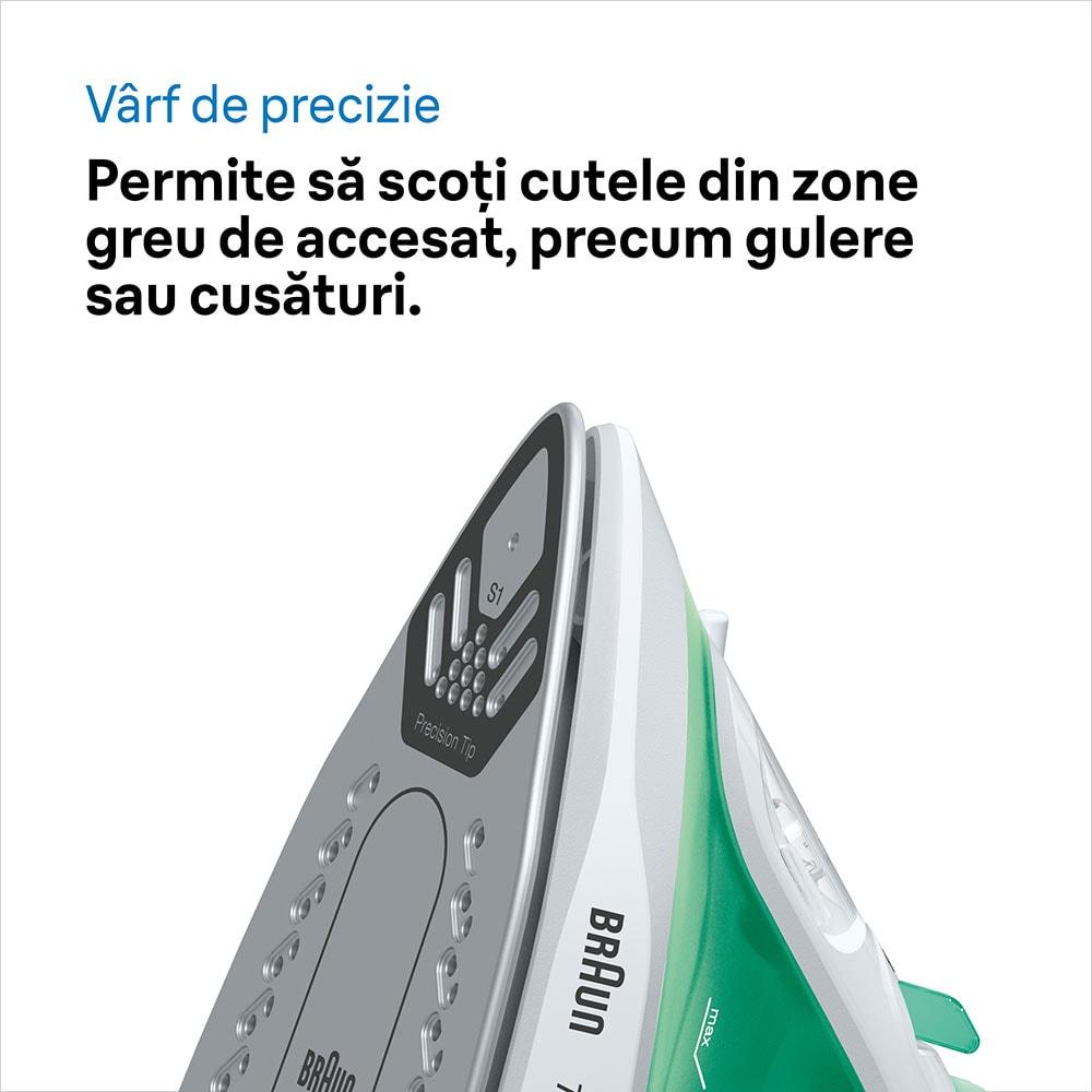 Fier de calcat BRAUN TexStyle 1 SI1040GR, 2000W, 120g/min, 220ml, talpa SuperCeramic, verde-alb