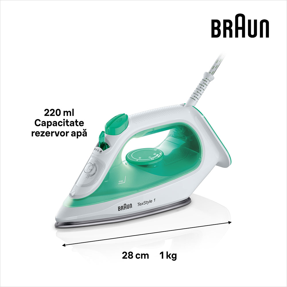 Fier de calcat BRAUN TexStyle 1 SI1040GR, 2000W, 120g/min, 220ml, talpa SuperCeramic, verde-alb