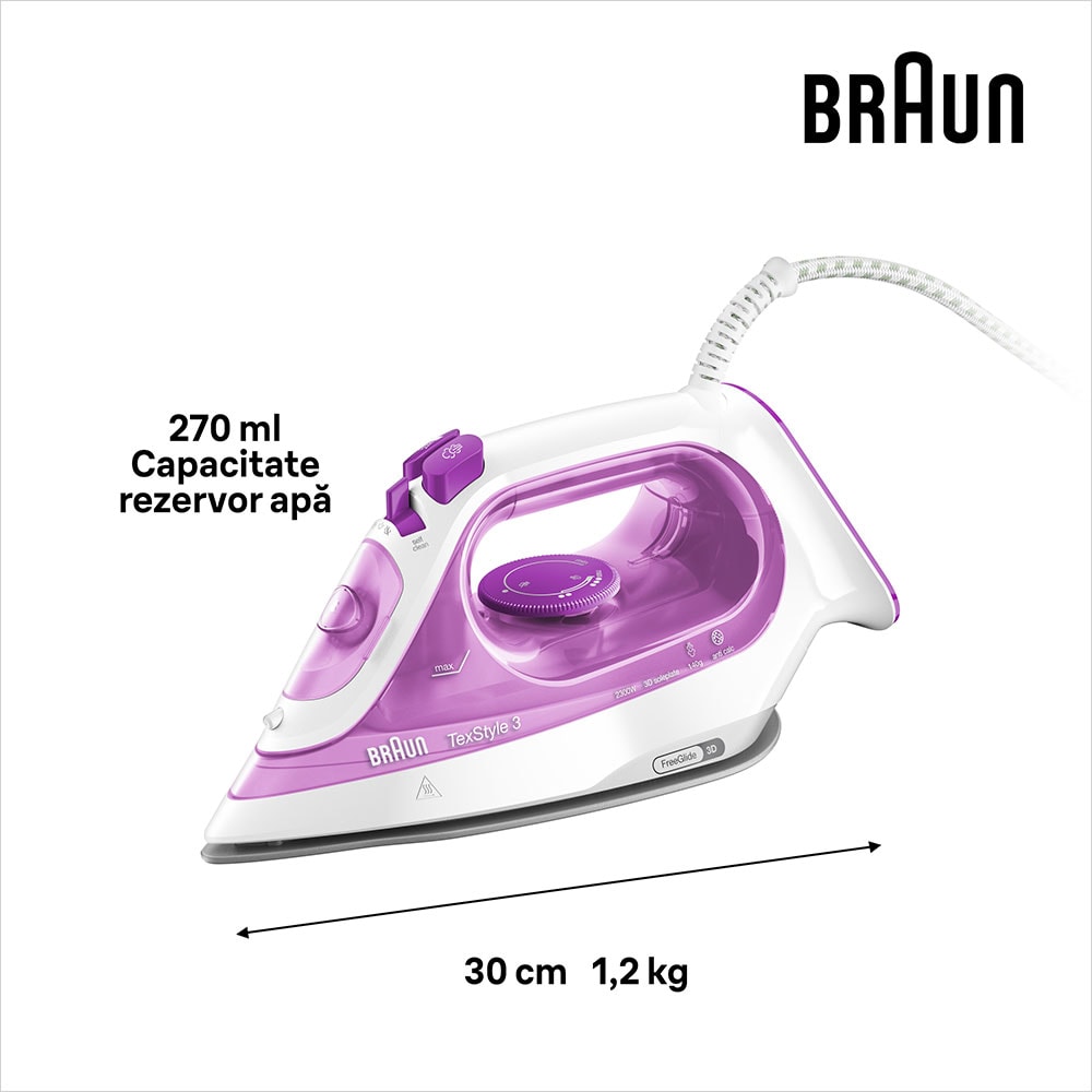 Fier de calcat BRAUN TexStyle 3 SI3030PU, 2300W, 140g/min, 270ml, talpa SuperCeramic, mov-alb