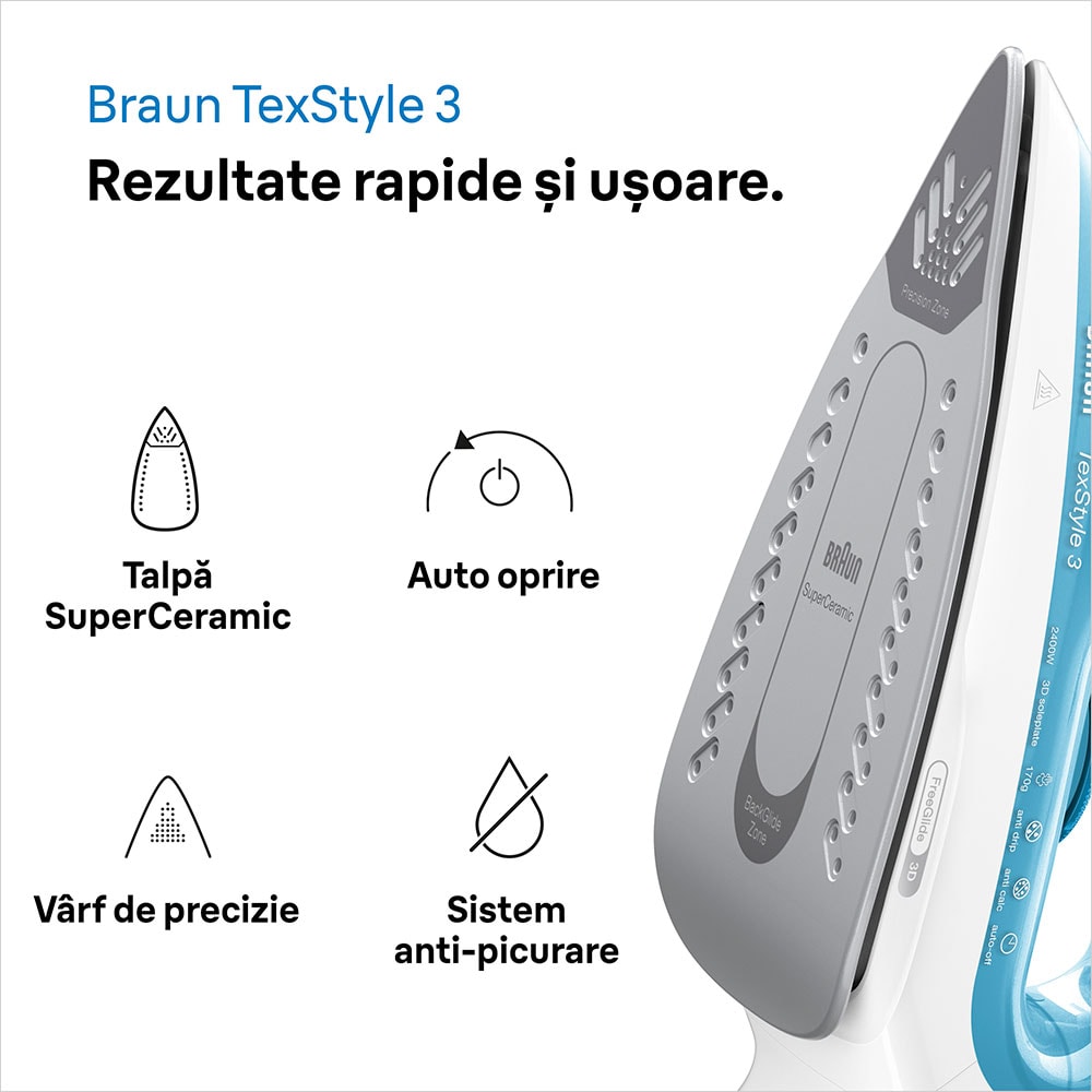 Fier de calcat BRAUN TexStyle 3 SI3053BL, 2400W, 170g/min, 270ml, talpa SuperCeramic, alb-albastru
