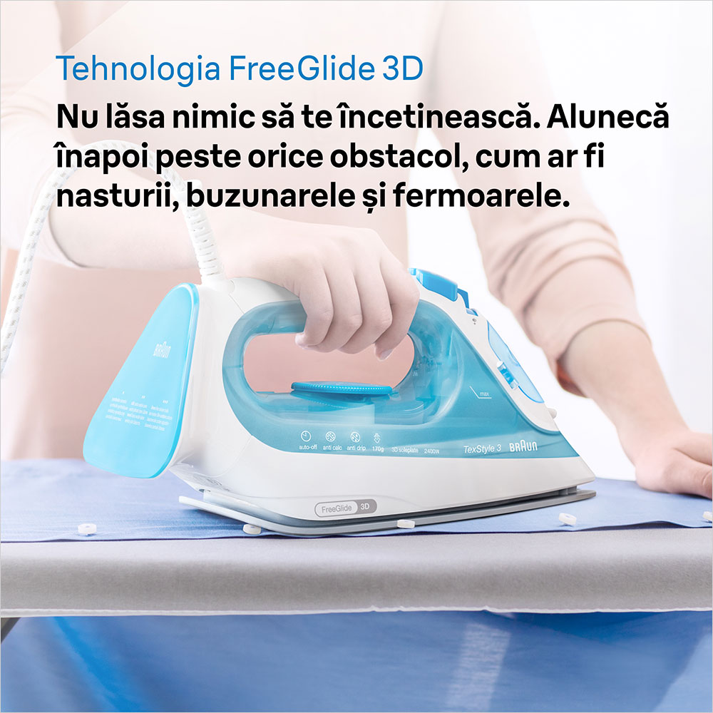 Fier de calcat BRAUN TexStyle 3 SI3053BL, 2400W, 170g/min, 270ml, talpa SuperCeramic, alb-albastru