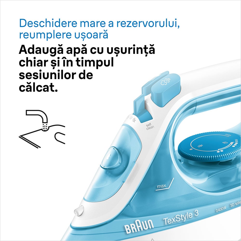 Fier de calcat BRAUN TexStyle 3 SI3053BL, 2400W, 170g/min, 270ml, talpa SuperCeramic, alb-albastru