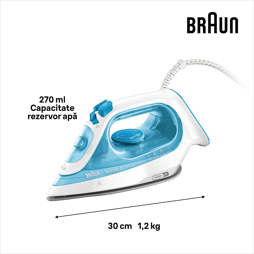 Fier de calcat BRAUN TexStyle 3 SI3053BL, 2400W, 170g/min, 270ml, talpa SuperCeramic, alb-albastru