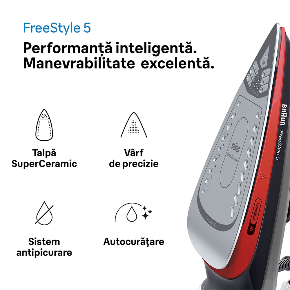 Fier de calcat BRAUN FreeStyle 5 SI5057RD, 2700W, 220g/min, 300ml, talpa SuperCeramic, rosu-negru