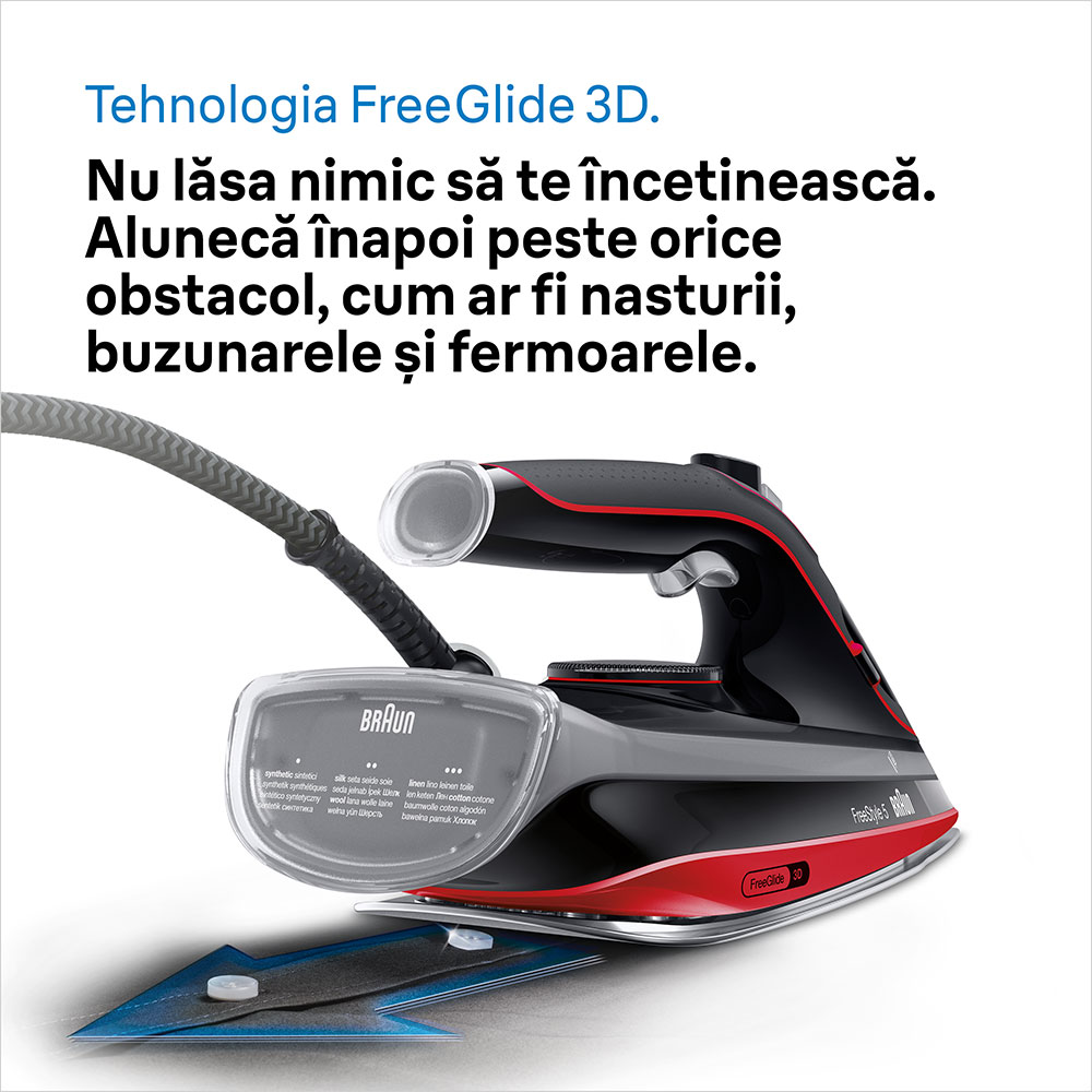 Fier de calcat BRAUN FreeStyle 5 SI5057RD, 2700W, 220g/min, 300ml, talpa SuperCeramic, rosu-negru
