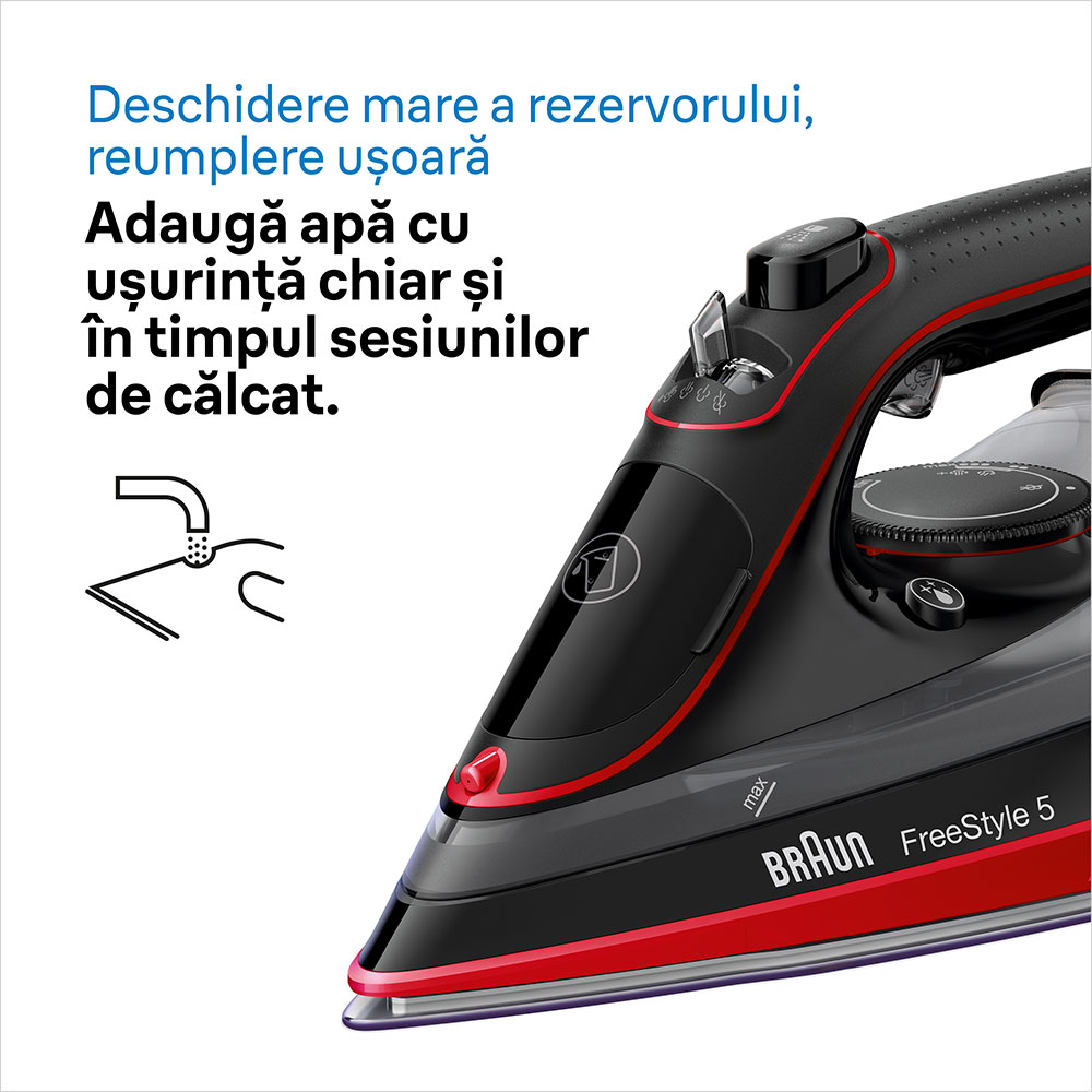 Fier de calcat BRAUN FreeStyle 5 SI5057RD, 2700W, 220g/min, 300ml, talpa SuperCeramic, rosu-negru