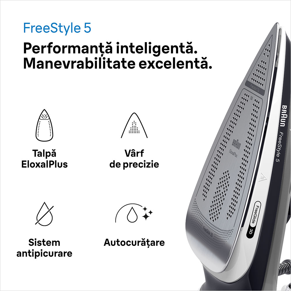 Fier de calcat BRAUN FreeStyle 5 SI5188BK, 2800W, 220g/min, 330ml, talpa Eloxal Plus, negru-argintiu