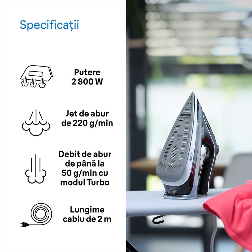 Fier de calcat BRAUN FreeStyle 5 SI5188BK, 2800W, 220g/min, 330ml, talpa Eloxal Plus, negru-argintiu