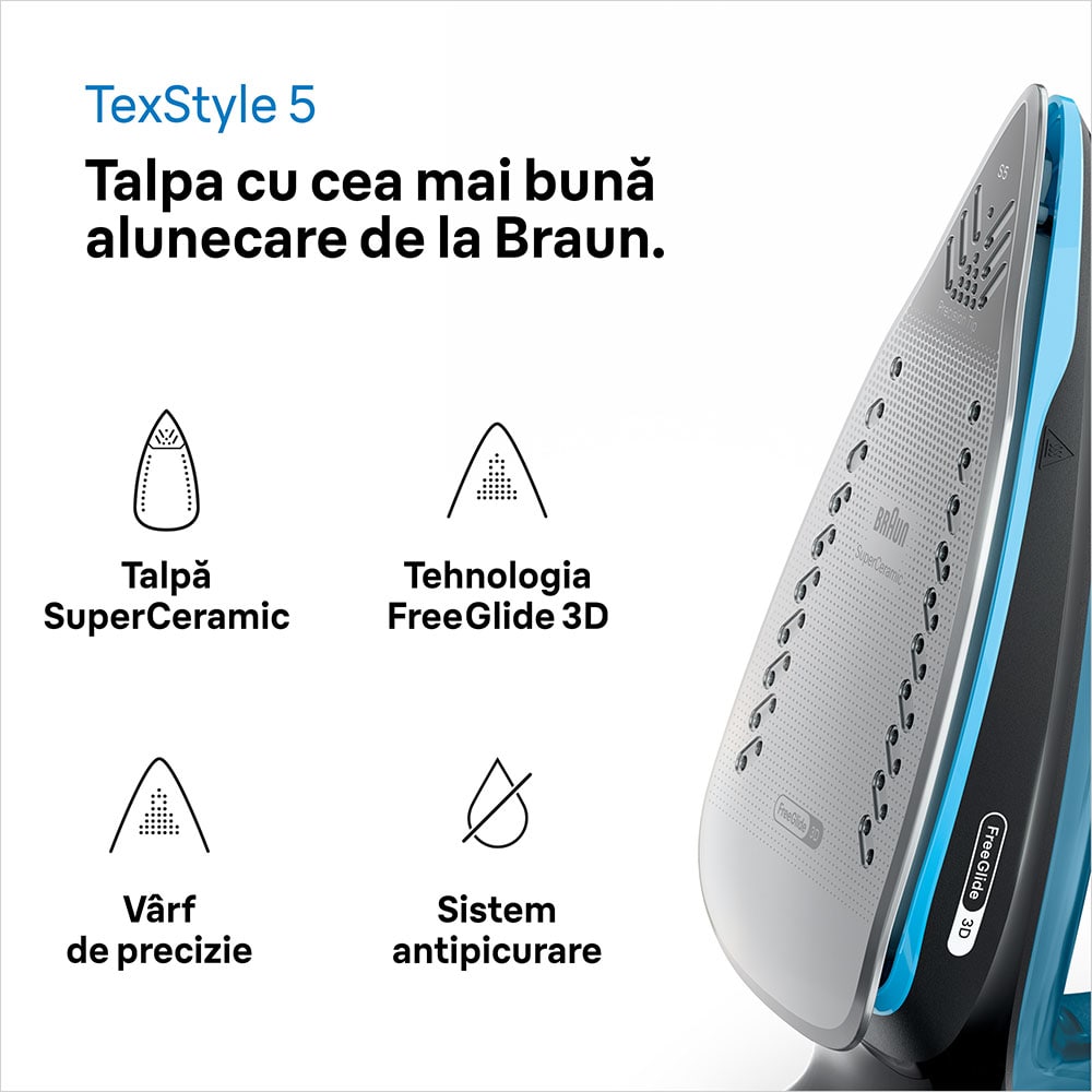 Fier de calcat BRAUN TexStyle 5 SI5256BL, 2600W, 210g/min, 300ml, talpa SuperCeramic, albastru-negru