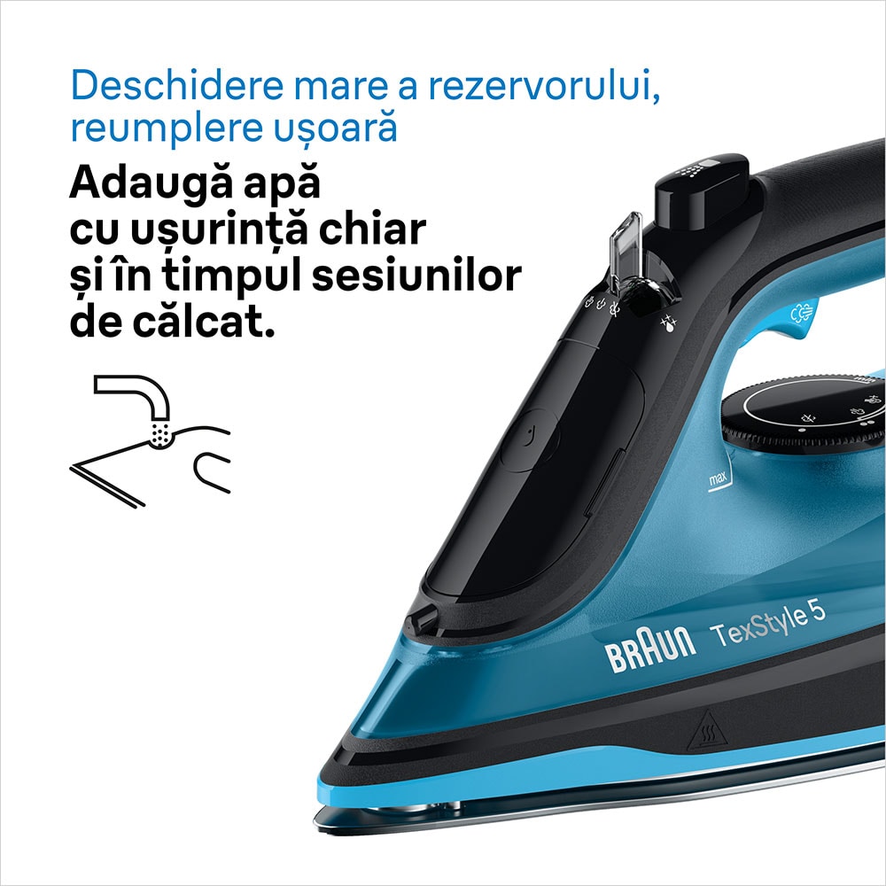 Fier de calcat BRAUN TexStyle 5 SI5256BL, 2600W, 210g/min, 300ml, talpa SuperCeramic, albastru-negru