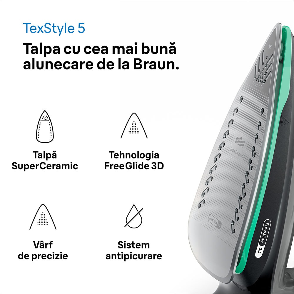 Fier de calcat BRAUN TexStyle 5 SI5277GR, 2700W, 220g/min, 300ml, talpa SuperCeramic, negru-verde