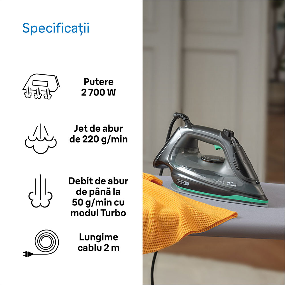 Fier de calcat BRAUN TexStyle 5 SI5277GR, 2700W, 220g/min, 300ml, talpa SuperCeramic, negru-verde