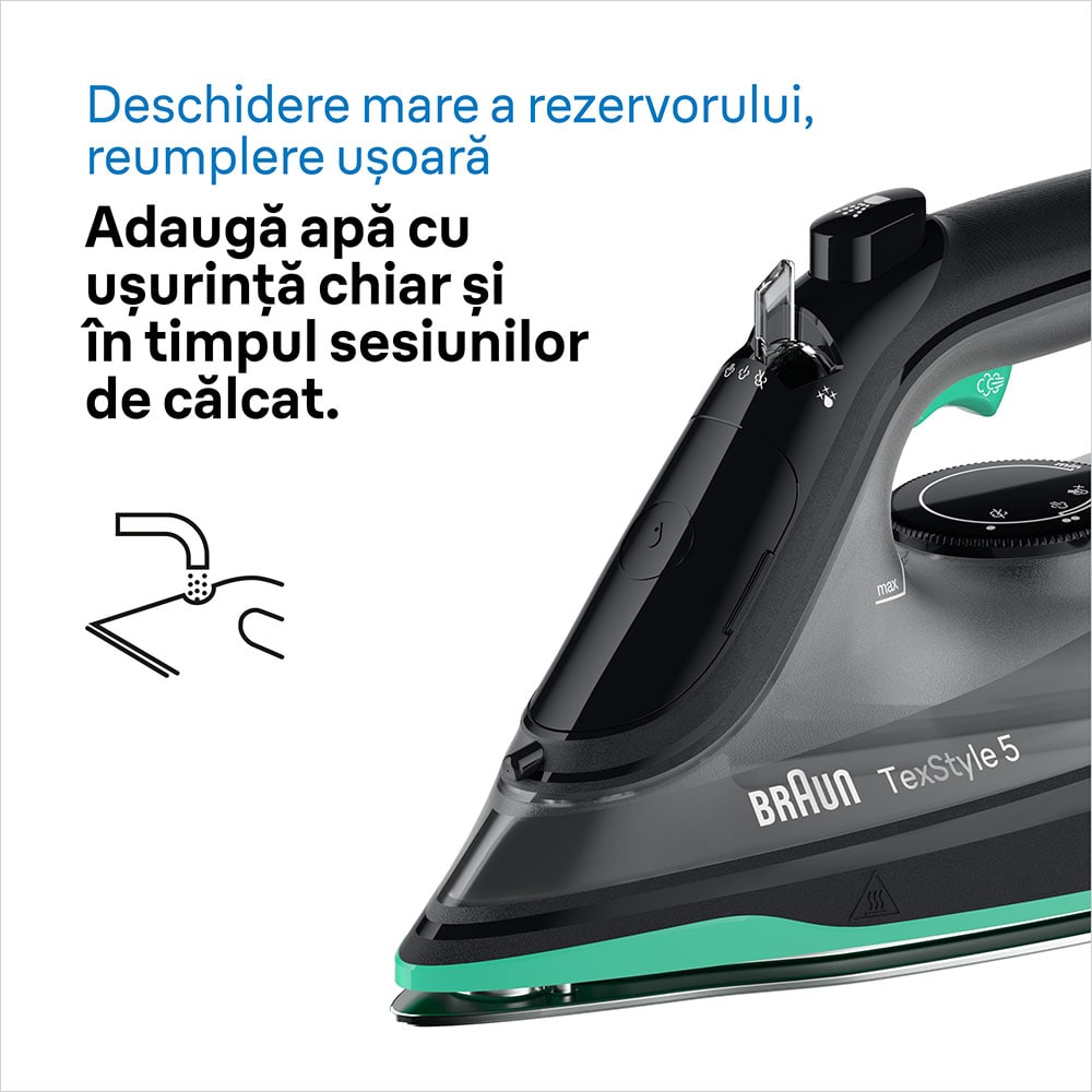 Fier de calcat BRAUN TexStyle 5 SI5277GR, 2700W, 220g/min, 300ml, talpa SuperCeramic, negru-verde