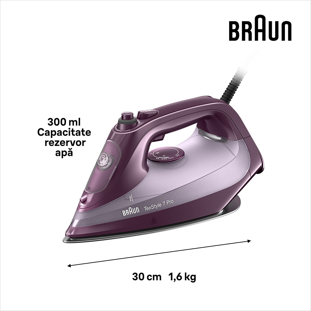 Fier de calcat BRAUN TexStyle 7 SI7181VI, 3100W, 230g/min, 300ml, talpa Eloxal Plus, violet