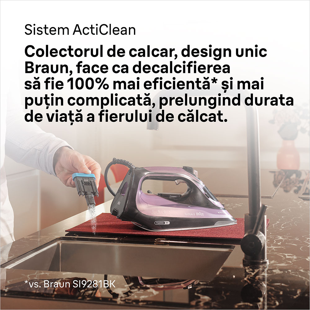Fier de calcat BRAUN TexStyle 9 SI9661VI, 3100W, 250g/min, 330ml, talpa Eloxal Plus, violet-negru