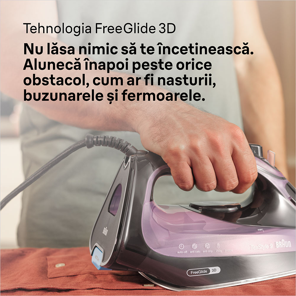 Fier de calcat BRAUN TexStyle 9 SI9661VI, 3100W, 250g/min, 330ml, talpa Eloxal Plus, violet-negru