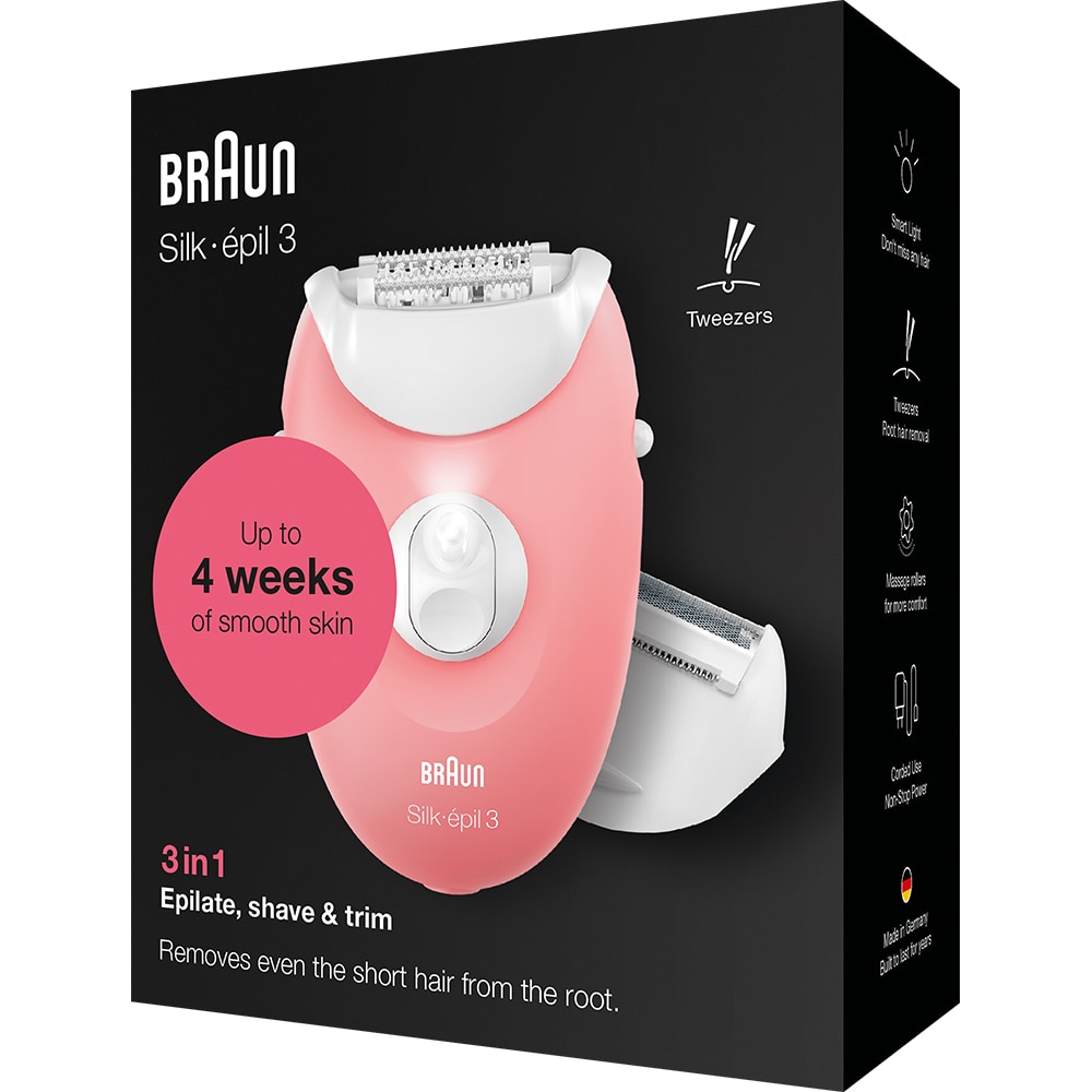 Epilator BRAUN Silk-epil 3 3-277, 20 pensete, 2 viteze, SoftLift Tips, retea, roz