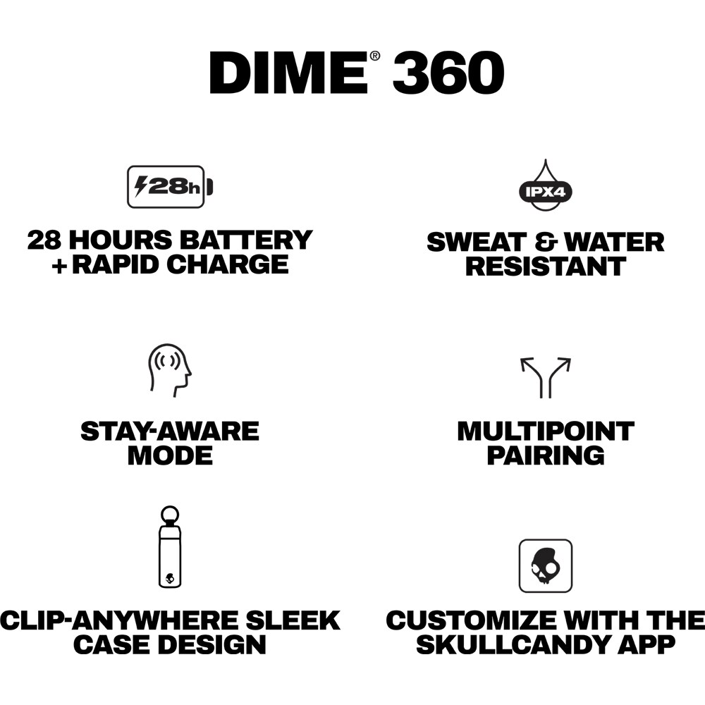 Casti SKULLCANDY Dime 360, True Wireless Bluetooth, In-Ear, Microfon, True Black