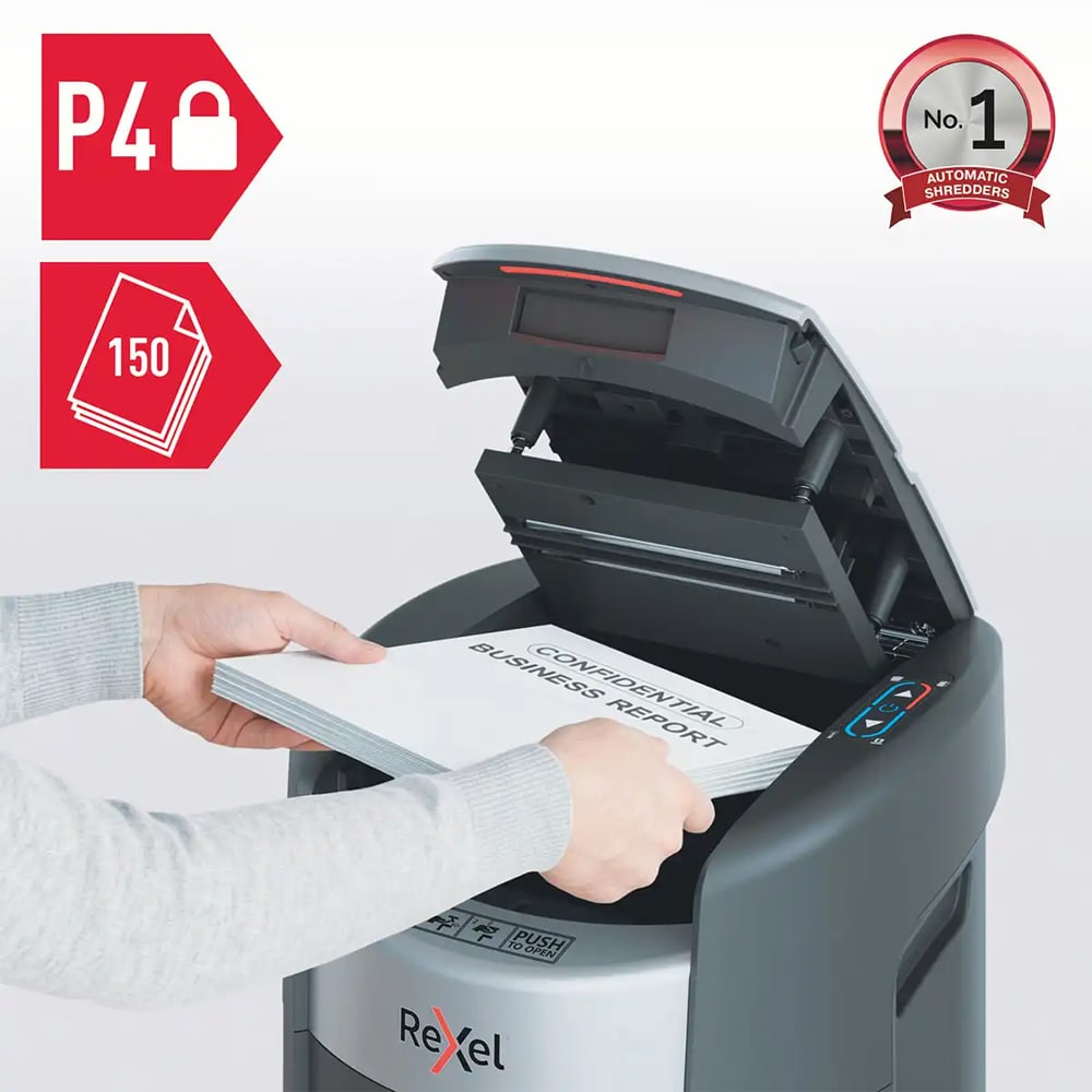 Distrugator documente automat REXEL SHREDMAX 150X, 150 coli, cos 15l, Cross-cut, P4, negru-gri